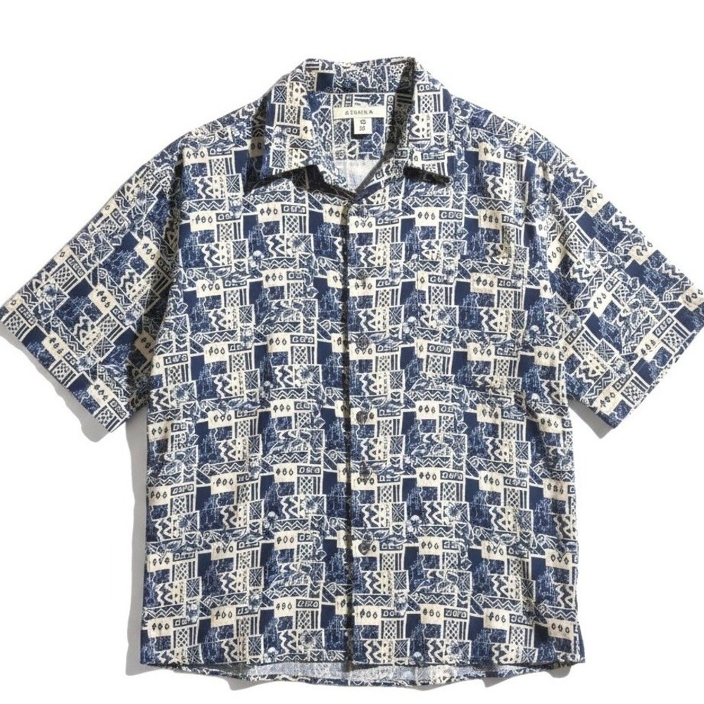 Summa Mens Silk Blend Short Sleeve Button Down Shirt Navy Cream Geometric L